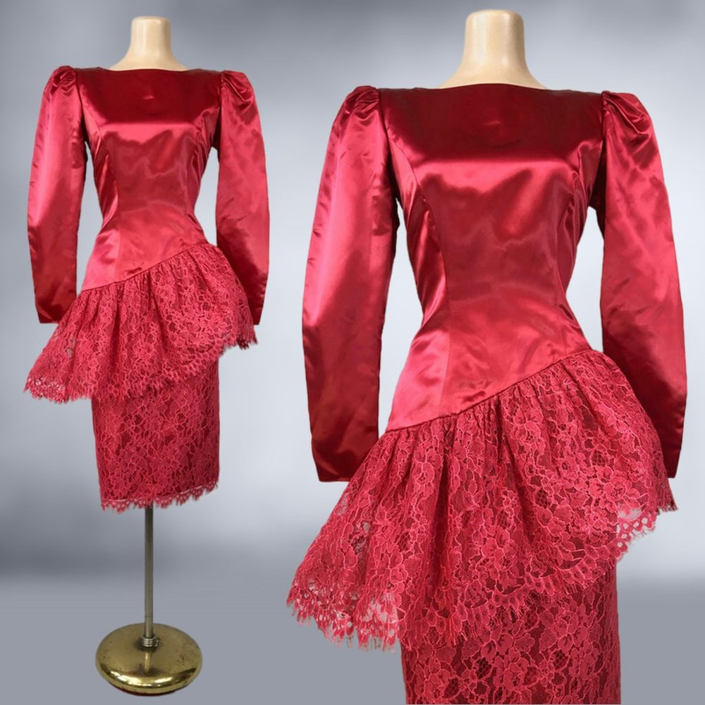Vintage 80s Red Satin and Lace Peplum Cocktail Party Dress by Sylvia Ann Size 8
